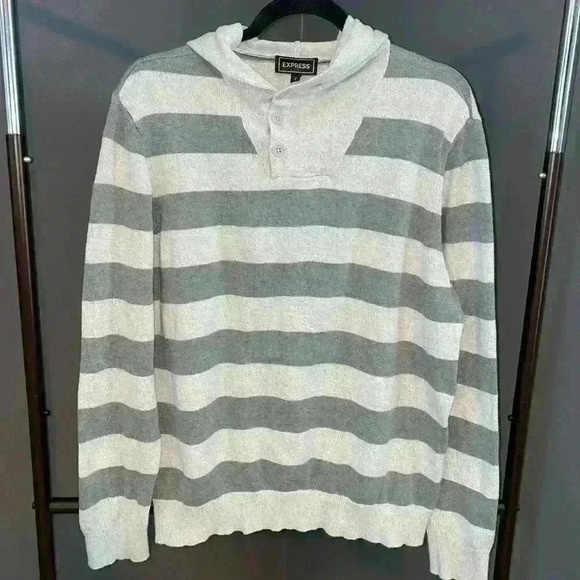 Men’s Express Gray Striped Sweater with hood size Large - Picture 1 of 11
